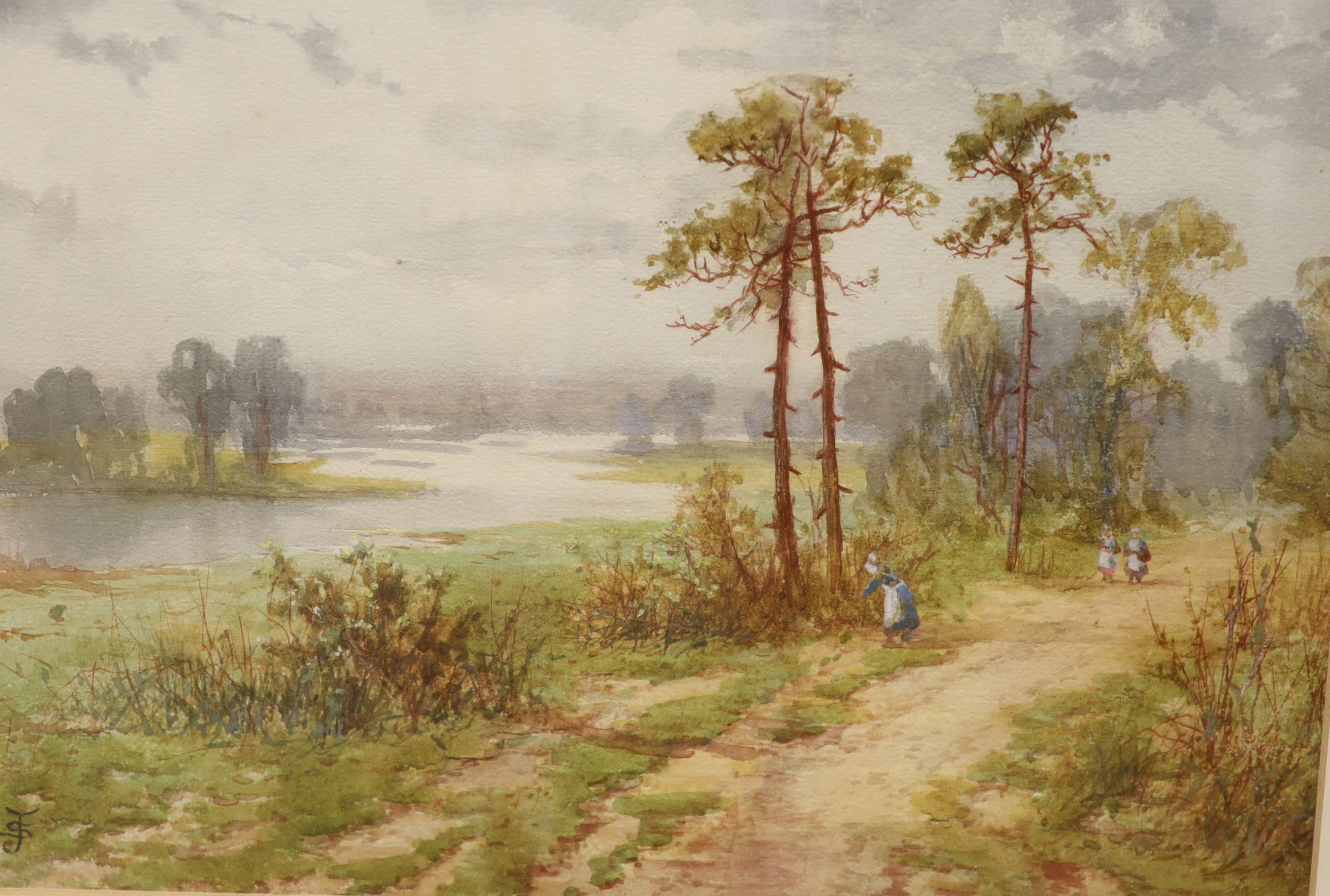 Three assorted watercolours: River landscape by Sydney Yates Johnson, 26 x 36cm, a study of a garden gateway at Marshalls Wick by E.N. Barclay 1905, 37 x 24cm and a View of Keymer Church by S.E. Field in 1864, 32 x 40cm